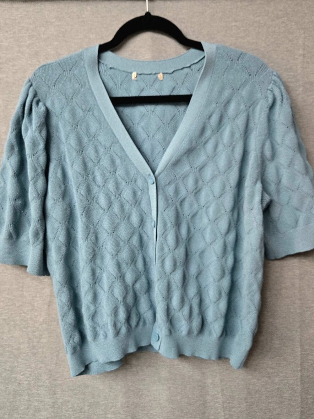 Les Serein Stitch Fix Blue Pointelle Cardigan Sweater Puff Short Sleeve